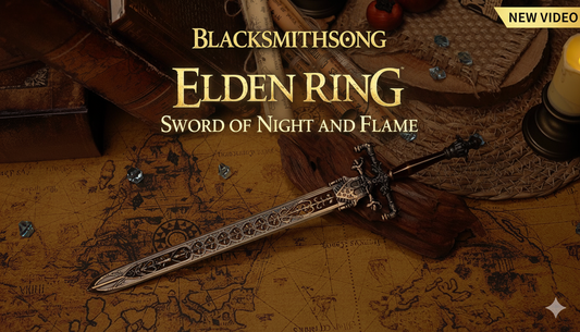 BlacksmithSONG's Sword of Night and Flame replica resting on an ancient map.