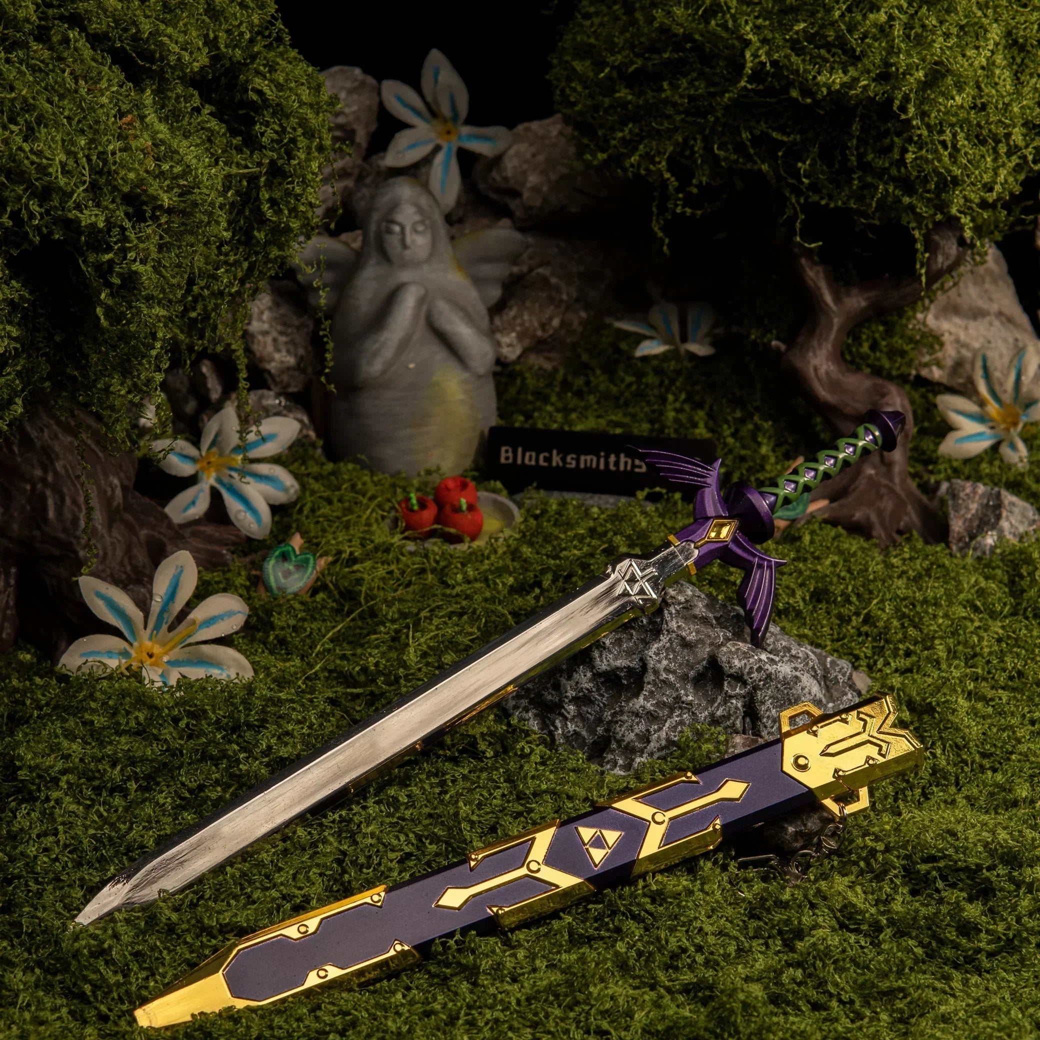Master Sword replica (28cm die-cast zinc alloy sword) — resting on stone in a moss-covered forest shrine, by BlacksmithSONG.