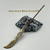 Anime-style zinc alloy weapon replica with dragon design, displayed on rock, collectible item