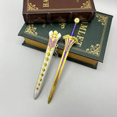1:6 anime-style gold and purple zinc alloy sword replica on vintage books, collectible display