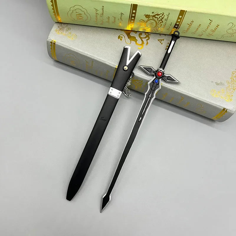 1:6 scale anime-style black zinc alloy sword replica with sheath, displayed on books