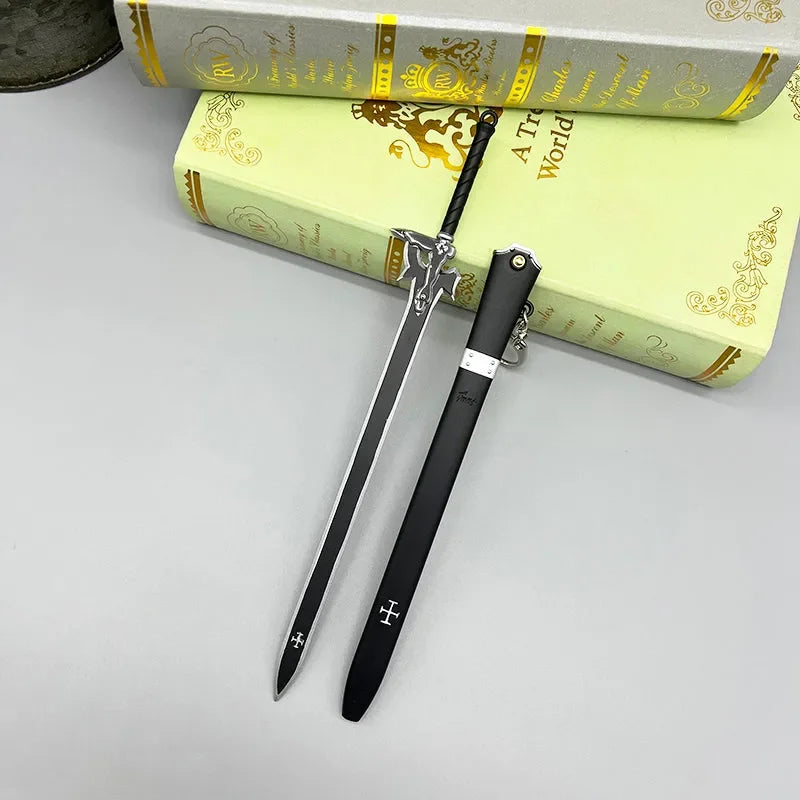 1:6 anime-style black zinc alloy sword replica with sheath on books, BlacksmithSONG collectible
