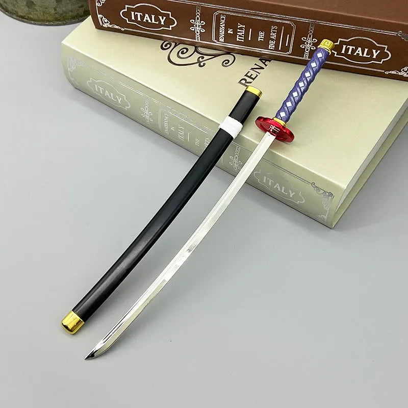 Anime-style zinc alloy katana replica with detailed handle and black scabbard for display.