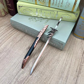 Anime-style zinc alloy sword replica with dragon claw hilt on wood beside books, collectible display.