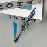 Anime-style zinc alloy sword replica with blue tassel, displayed on tabletop by BlacksmithSONG.