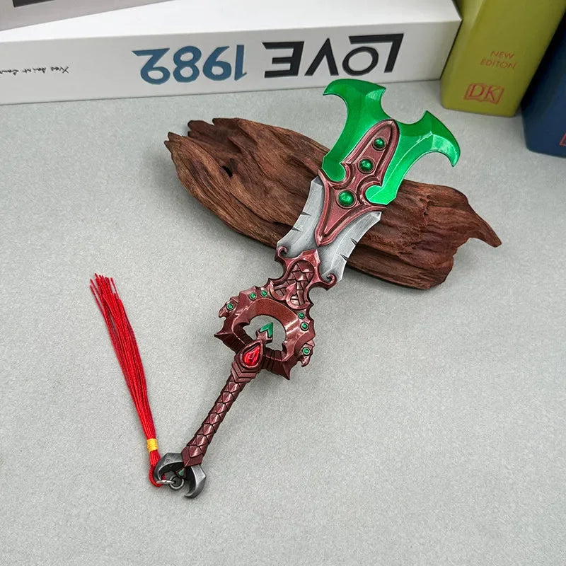 Anime-style zinc alloy fantasy sword replica with green and red details, display collectible