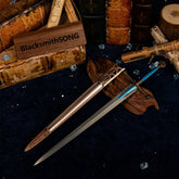 Carian Knight's Sword replica resting on dark wood and blue velvet, surrounded by scattered blue crystals and old books.
