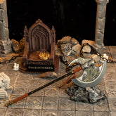 Axe of Godfrey replica (27.5cm die-cast zinc alloy axe) — resting on stone before a ruined throne, by BlacksmithSONG.