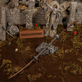 Eleonora's Poleblade replica displayed on a stone, with Marika's statue, blooming Bloodroses, and Yura's Nagakiba in the background.