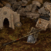 Golden Halberd replica (30cm die-cast zinc alloy halberd) — in a handcrafted Limgrave ruin diorama, by BlacksmithSONG.