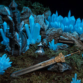 Royal Greatsword replica (30cm die-cast zinc alloy greatsword) — in a handcrafted crystal-tower diorama, by BlacksmithSONG.