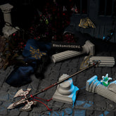 Royal Guard's Spear replica beautifully displayed on a broken pillar, surrounded by a torn banner and glowing Malice eyes.