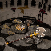 Savage Lynel Spear replica displayed in an arena diorama, surrounded by a Lynel Hoof, shattered shield, and Ganon's Malice.
