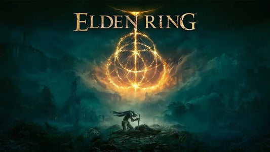 Elden Ring fantasy game artwork with glowing golden symbol, knight kneeling with sword, dark landscape