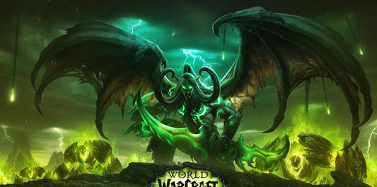 Demonic warrior with wings and green glowing weapons in a fantasy landscape, World of Warcraft art