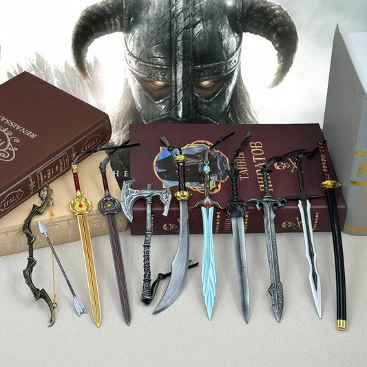 Anime-style 1:6 zinc alloy weapon replicas, swords and bow, on books for BlacksmithSONG collectibles.