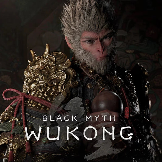 Black Myth Wukong anime-style monkey warrior in ornate gold armor with dragon details