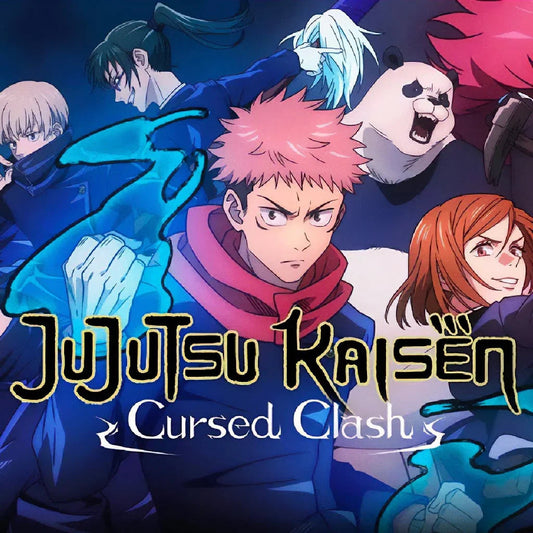 Jujutsu Kaisen anime characters in action poses, Cursed Clash logo, collectible theme