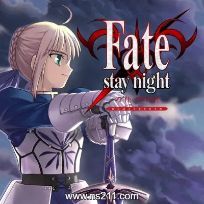 Anime-style character in blue armor holding a sword, Fate/Stay Night title, dramatic sky background.