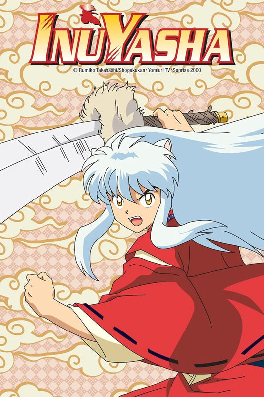 Anime-style white-haired warrior in red robe wielding large sword, Inuyasha title above