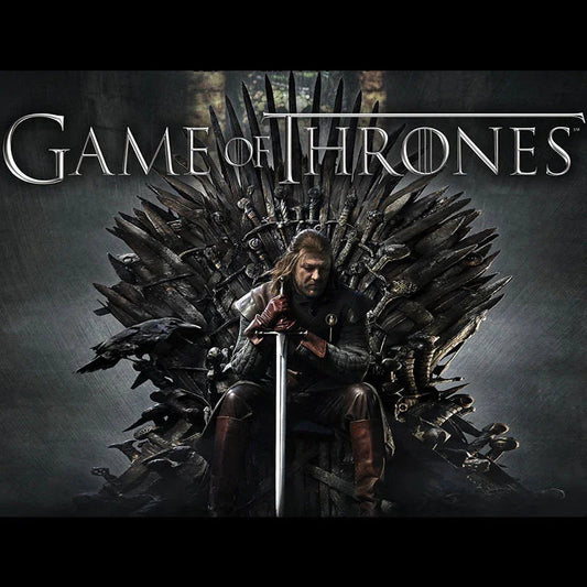 Medieval warrior on iron throne holding sword, Game of Thrones style, collectible weapon display