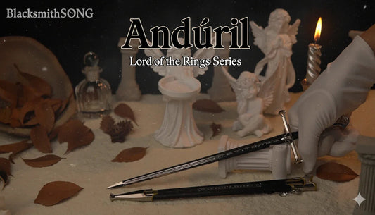 BlacksmithSONG 1:6 scale Anduril sword replica from Lord of the Rings series on decorative table
