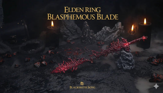 Elden Ring Blasphemous Blade 1:6 zinc alloy anime replica collectible by BlacksmithSONG, displayed with candles.
