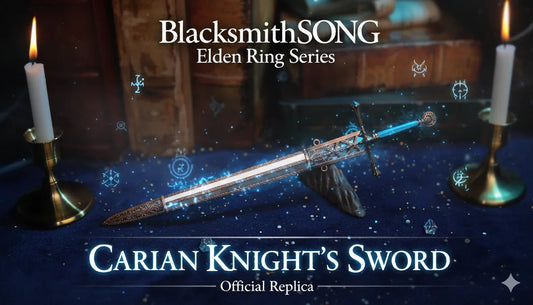 Carian Knight’s Sword 1:6 anime-style zinc alloy collectible replica by BlacksmithSONG on display with candles, magic rune effects, and a dark blue background.