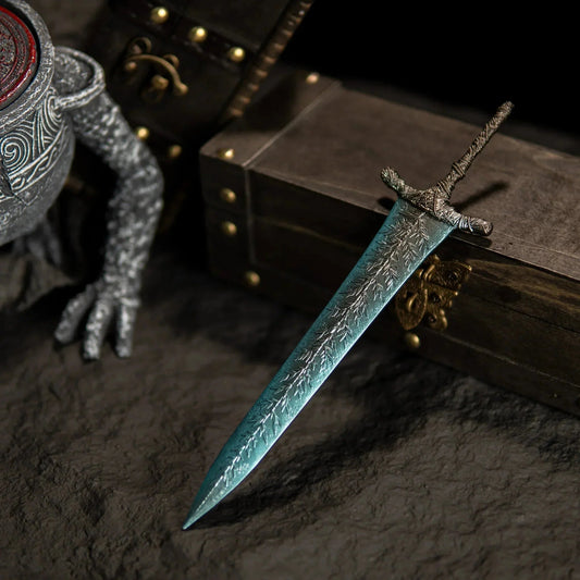 Anime-style zinc alloy sword replica with detailed engravings, displayed on a rustic chest.