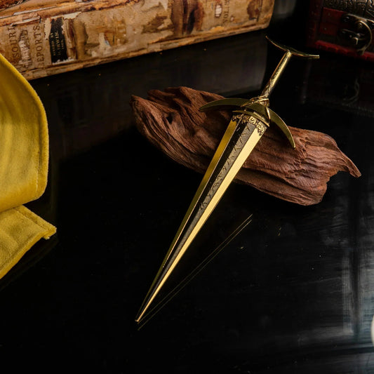 Anime-style zinc alloy dagger replica on wood display, ideal for BlacksmithSONG cosplay collection