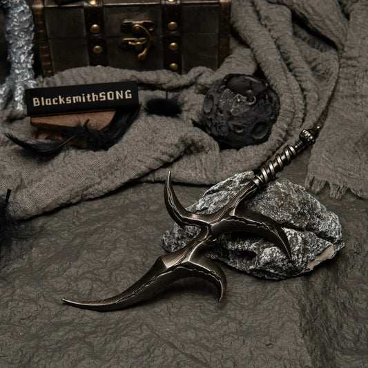 Anime-style 1:6 zinc alloy fantasy weapon replica by BlacksmithSONG displayed on rocks.