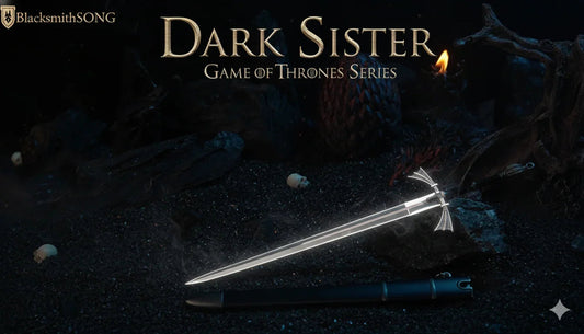BlacksmithSONG Dark Sister Game of Thrones replica sword on dark display with skulls and fire