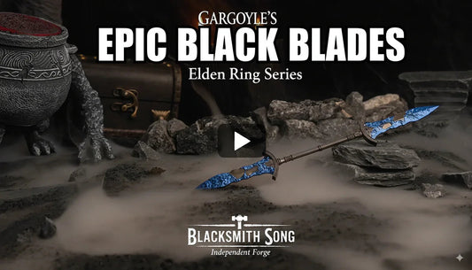 Anime-style zinc alloy blue Gargoyle Black Blade replica on rocky display, BlacksmithSONG Elden Ring series collectibles.