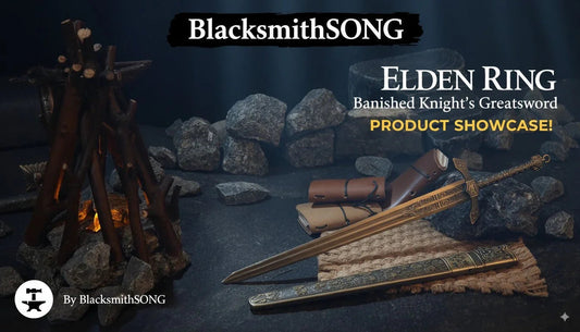 Elden Ring Banished Knight's Greatsword 1:6 zinc alloy replica on display by BlacksmithSONG, campfire background, collectible for cosplay and decor.