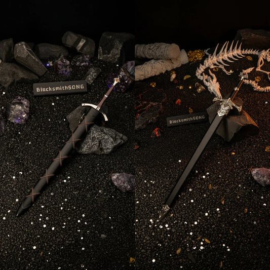 Anime-style 1:6 zinc alloy sword replicas from BlacksmithSONG on dark display with stones and crystals.