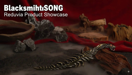 Anime-style zinc alloy dagger replica displayed on rocks and wood with BlacksmithSONG branding