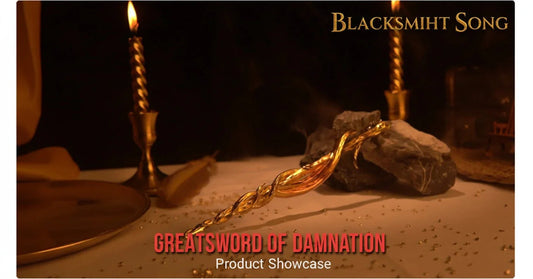 Anime-style zinc alloy greatsword replica displayed on rock with candles, BlacksmithSONG branding