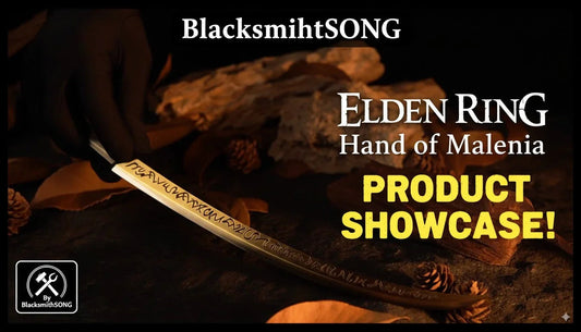 BlacksmithSONG anime-style zinc alloy Hand of Malenia sword replica from Elden Ring displayed.