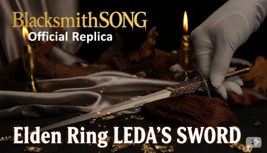 BlacksmithSONG Elden Ring LEDA'S SWORD 1:6 anime-style zinc alloy replica on display, gold candles in background