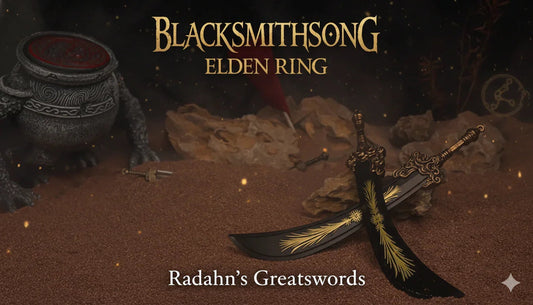 Radahn’s Greatswords 1:6 anime-style zinc alloy replica collectibles by BlacksmithSONG, displayed on sand with fantasy decor.