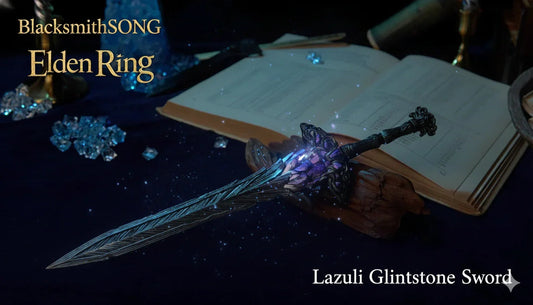 Lazuli Glintstone Sword zinc alloy anime replica collectible by BlacksmithSONG on dark display
