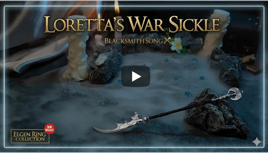 Loretta's War Sickle 1:6 zinc alloy anime weapon replica displayed with rocks and candles, BlacksmithSONG collectible