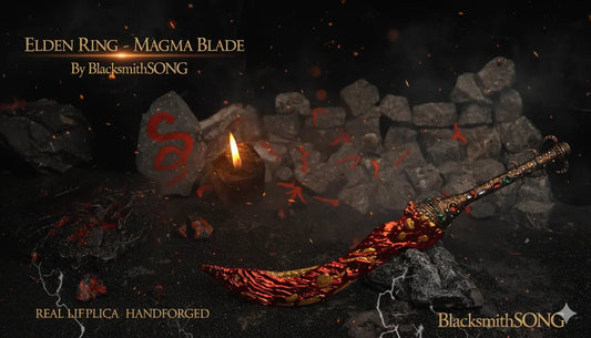 Handforged Elden Ring Magma Blade replica by BlacksmithSONG on display with stone background