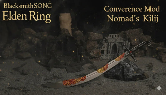 Anime-style zinc alloy Nomad’s Kilij replica sword by BlacksmithSONG displayed on rocks