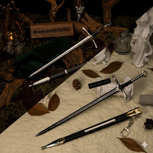 BlacksmithSONG anime-style sword replicas displayed on rustic surfaces with detailed scabbards