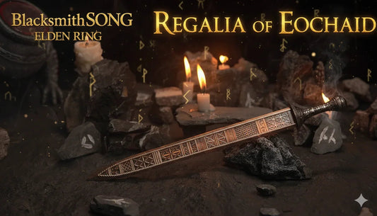 Regalia of Eochaid replica zinc alloy sword on rocky display with candles, BlacksmithSONG Elden Ring collectible