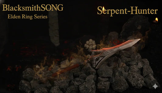 BlacksmithSONG Elden Ring Serpent-Hunter anime-style collectible weapon on rocks with flames
