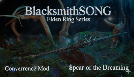 BlacksmithSONG Elden Ring replica Spear of the Dreaming collectible on mossy display