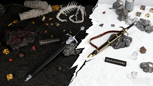 Game of Thrones metal replica comparison: Dark fantasy sword on volcanic black sand versus Longclaw sword on white winter snow.