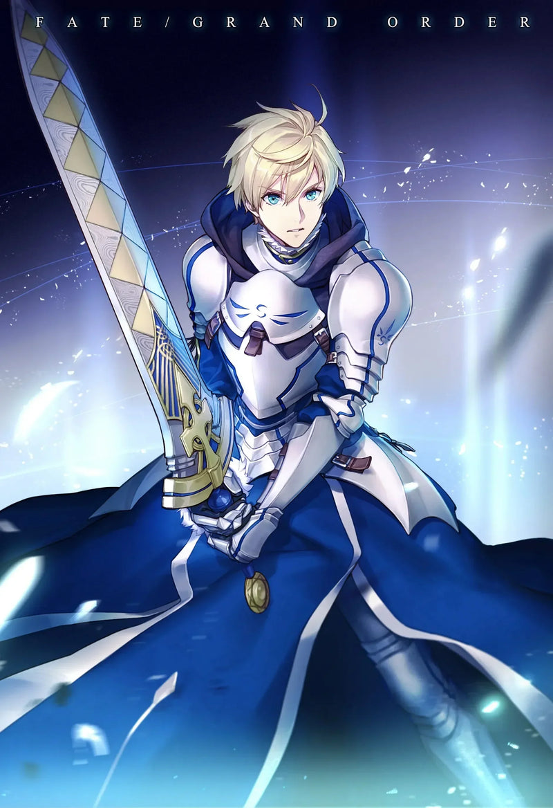 Anime-style knight in blue and silver armor holding a large ornate sword, Fate/Grand Order art